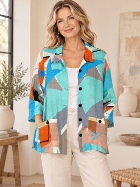 ali miles Button-Up Shirt Multi Color Linen Small